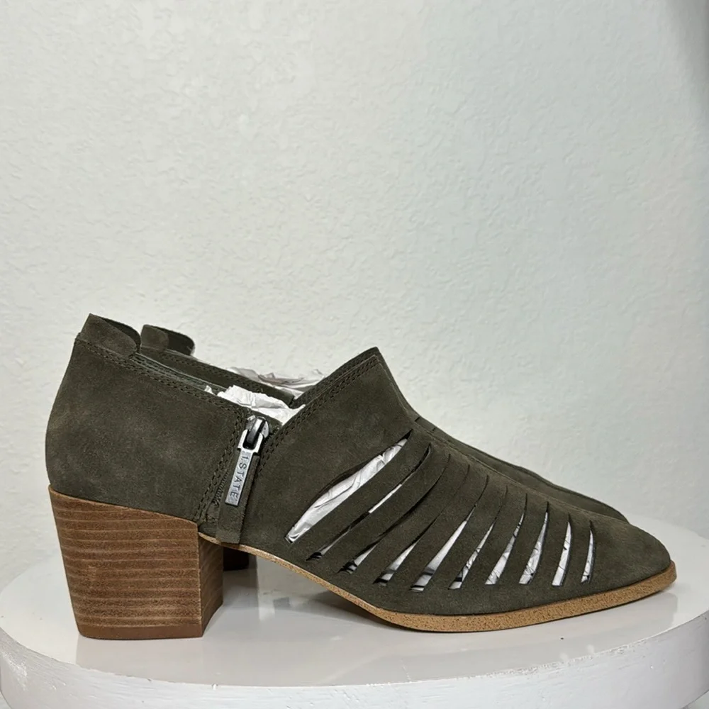 1. STATE ARNET OLIVE SUEDE LASER CUT POINTED TOE  HEELED ANKLE BOOTIE - Picture 7 of 14